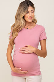 Pink Side Ruched Short Sleeve Maternity Top