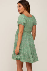 Green Floral Smocked V-Neck Short Sleeve Maternity Dress