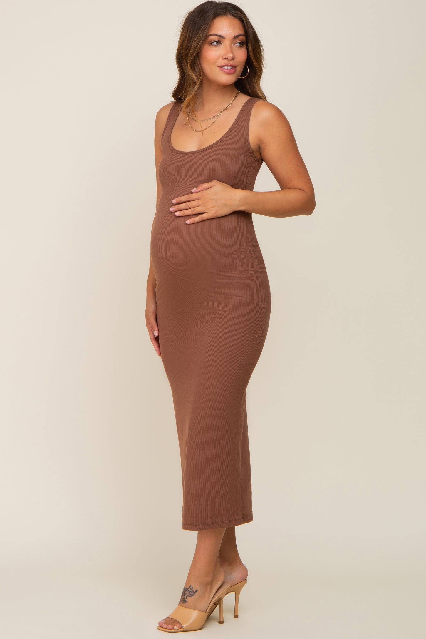 Brown Ribbed Basic Maternity Maxi Dress