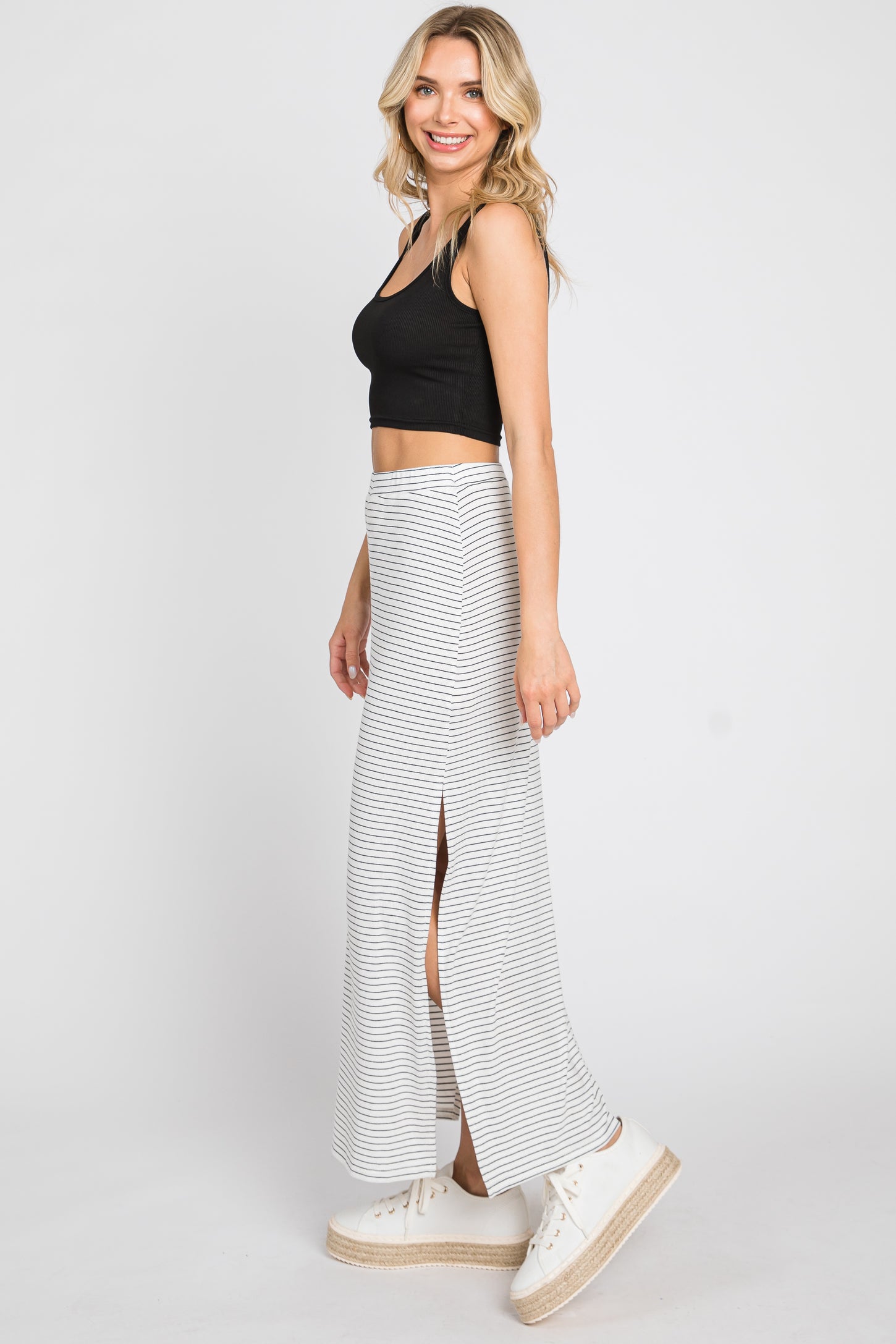 White Striped Side Slit Maxi Skirt