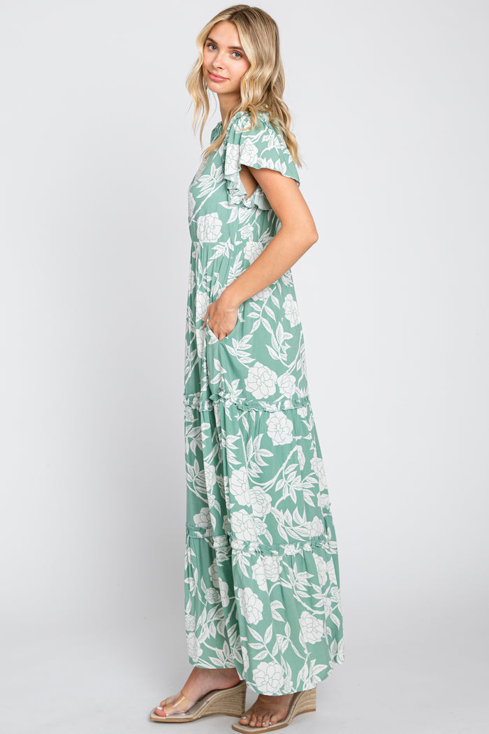 Light Olive Floral Tiered Ruffle Accent Maxi Dress
