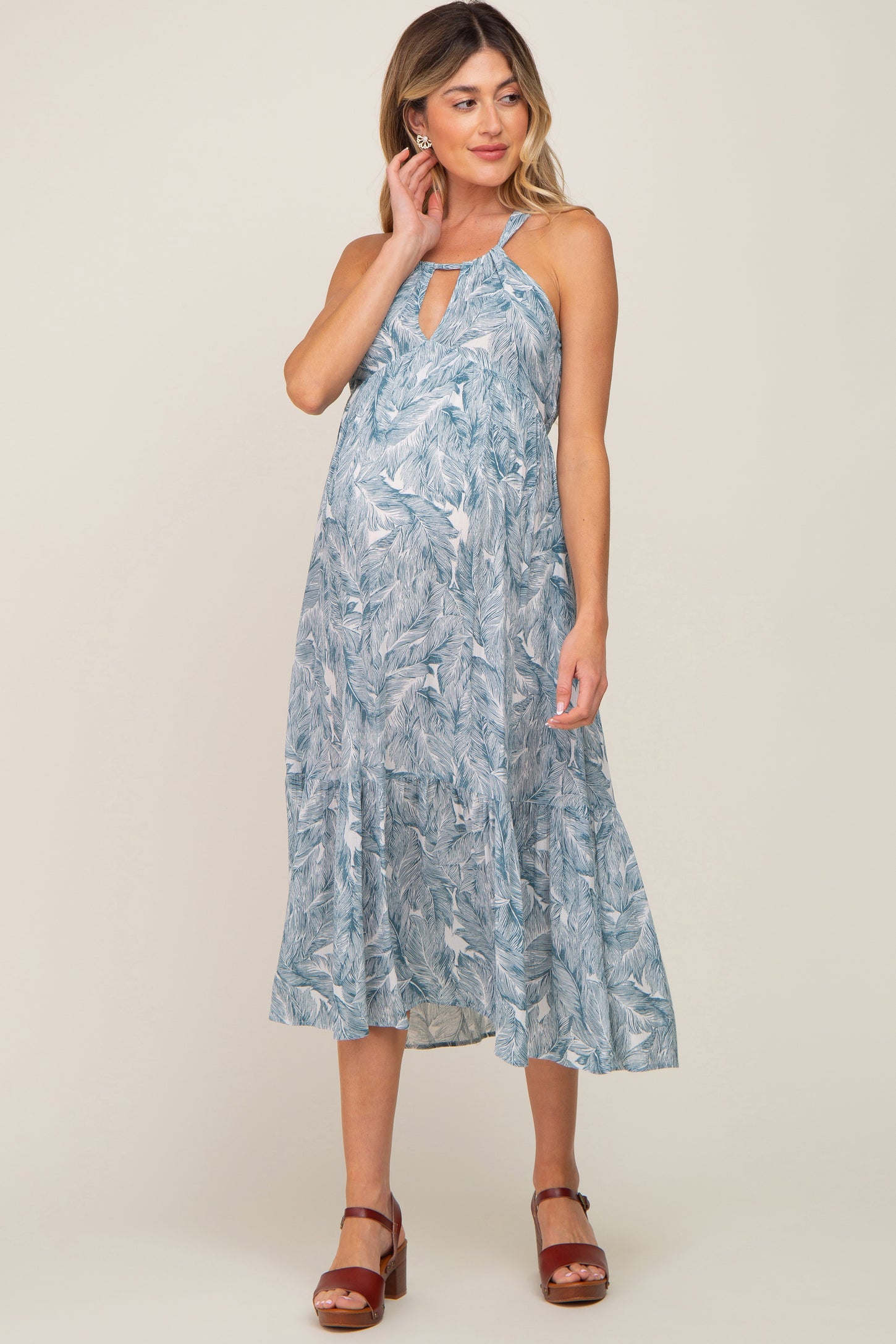Blue Palm Print Front Cutout Maternity Midi Dress PinkBlush Blue Palm Print Front Cutout Maternity Midi Dress PinkBlush
