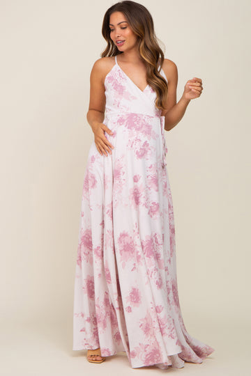 Mauve Floral Wrap Maternity Maxi Dress