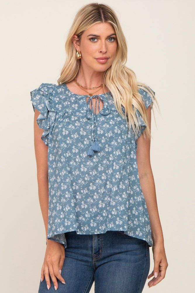 Blue Floral Front Tie Ruffle Shoulder Top