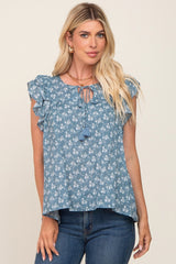 Blue Floral Front Tie Ruffle Shoulder Top