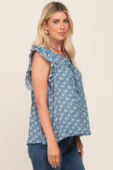 Blue Floral Front Tie Ruffle Shoulder Top