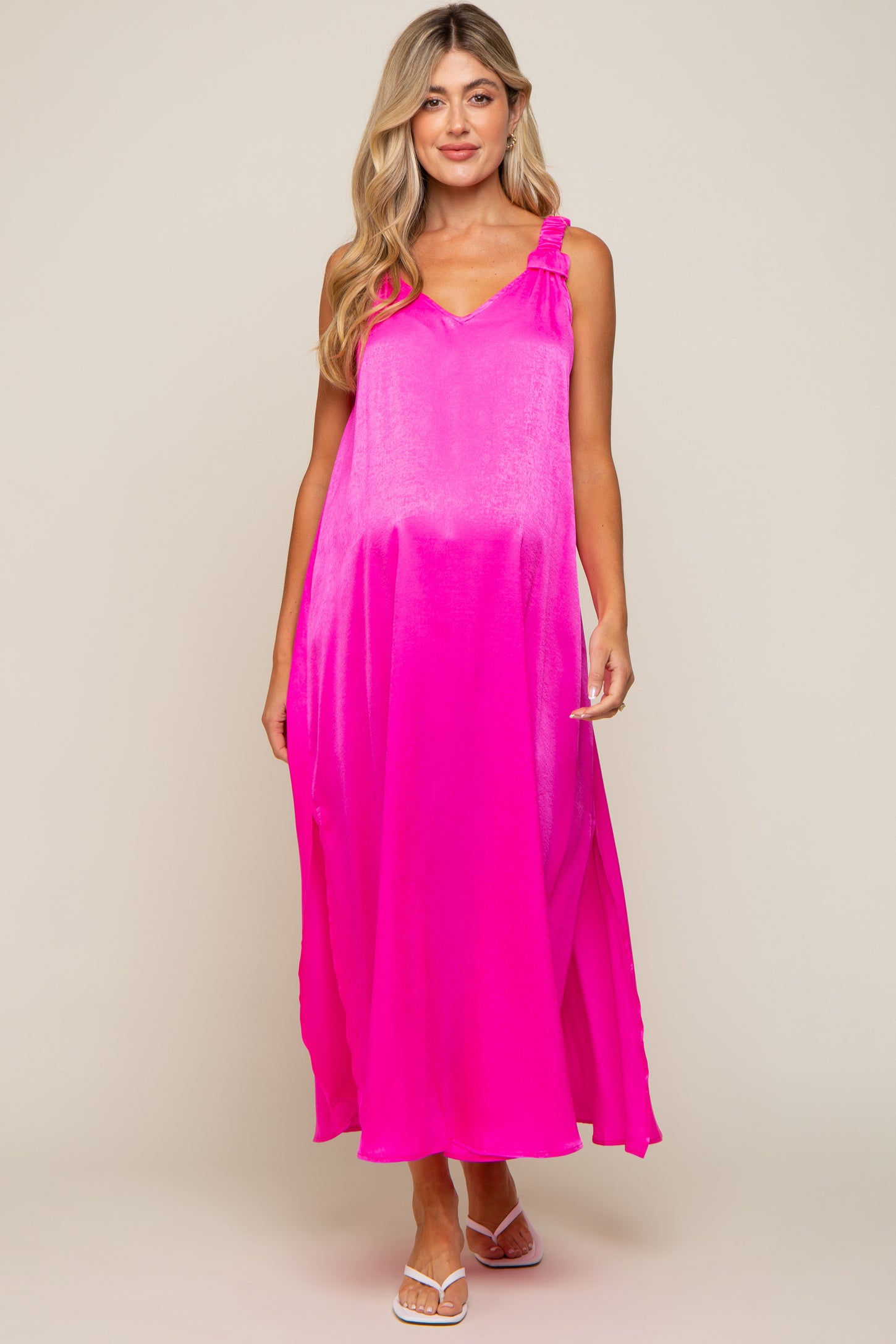 Fuchsia Satin Side Slit Maternity Maxi Dress