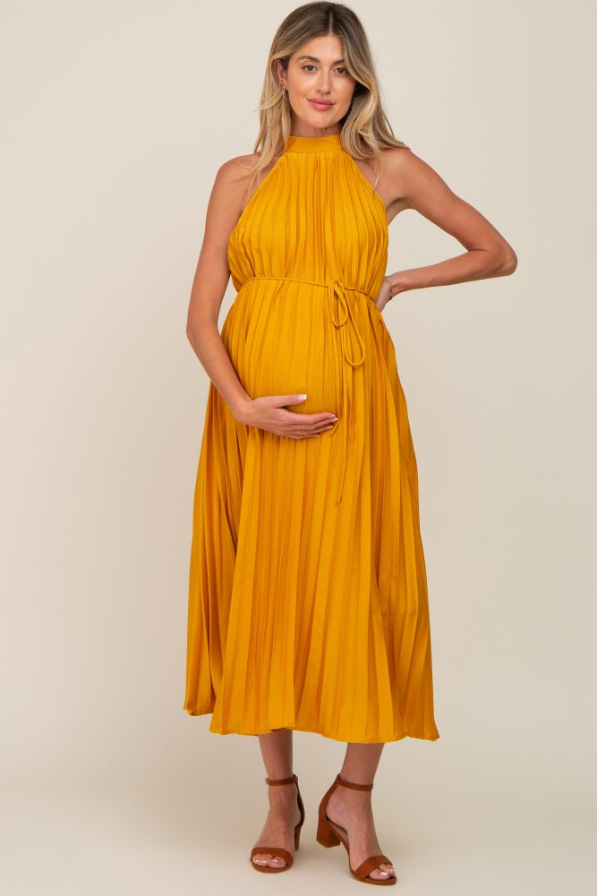Yellow Pleated Maternity Halter Dress Yellow Pleated Maternity Halter Dress
