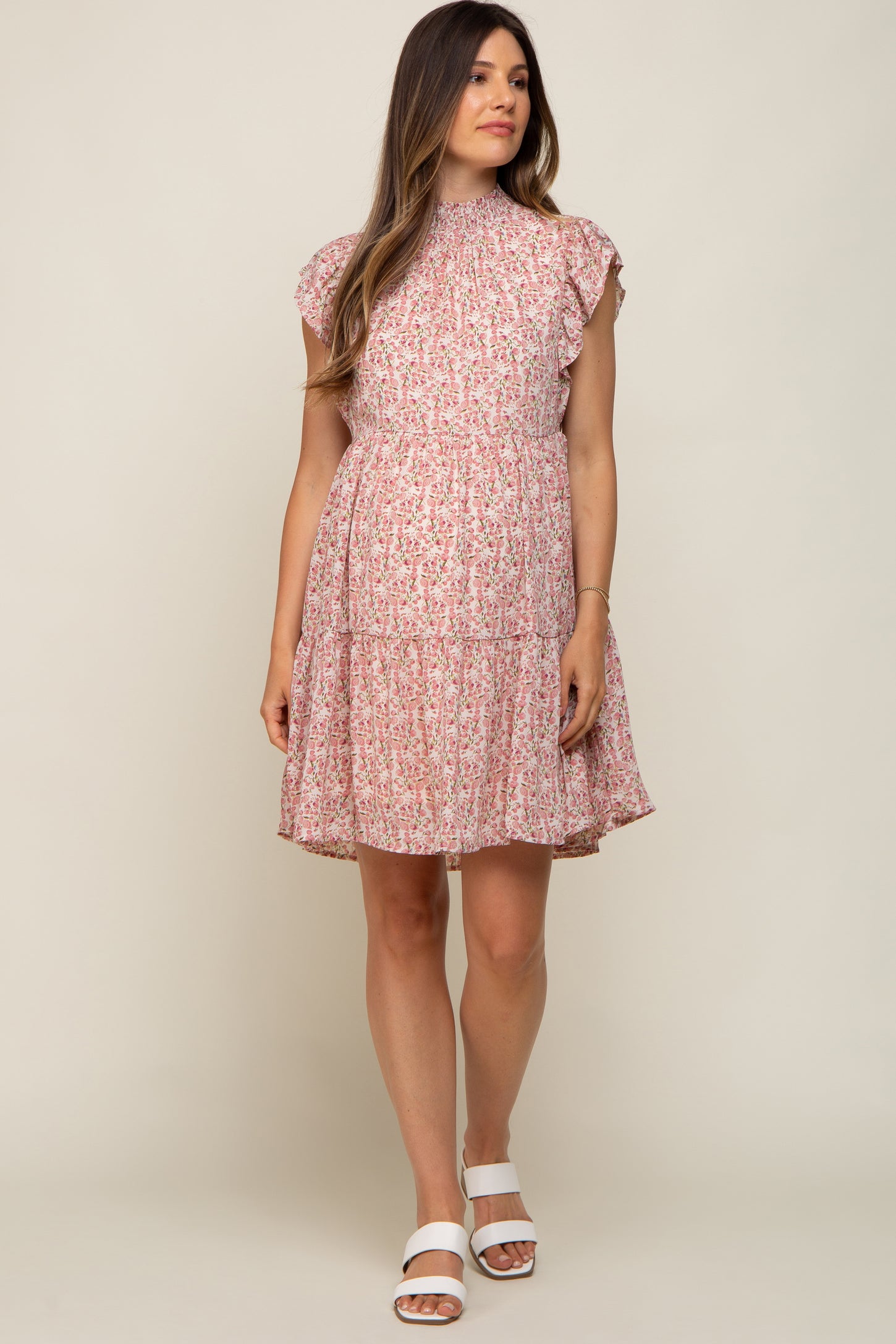 Pink Floral Chiffon Tiered Maternity Dress