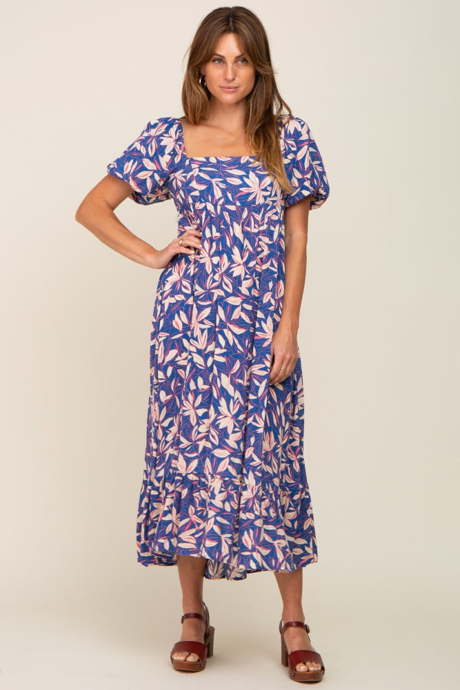 Blue Floral Puff Sleeve Midi Dress