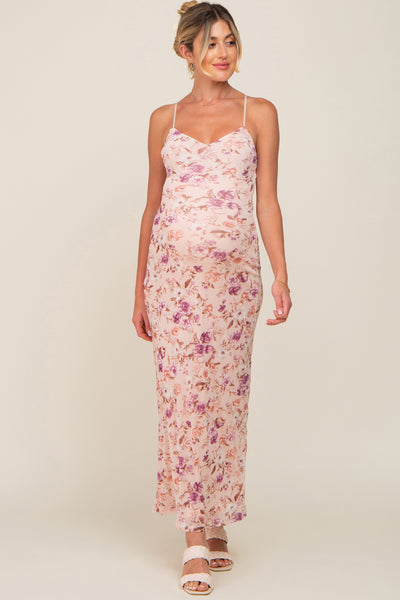 Pink Floral Mesh V-Neck Maternity Maxi Dress  PinkBlush