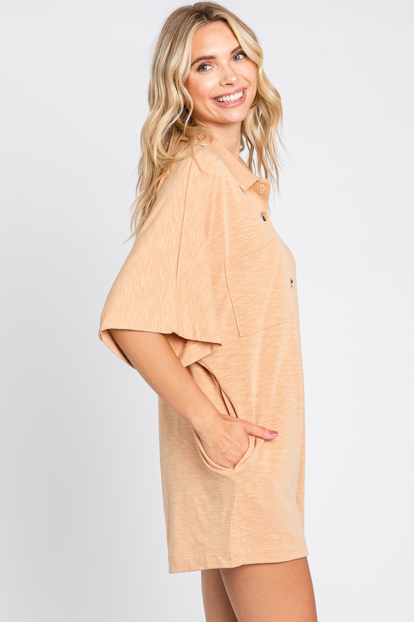 Camel Heathered Front Button Romper