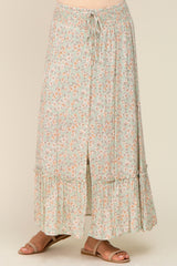 Mint Floral Button Ruffle Maxi Skirt