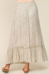Mint Floral Button Ruffle Maxi Skirt
