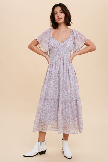 Blue Floral Chiffon Sweetheart Midi Dress