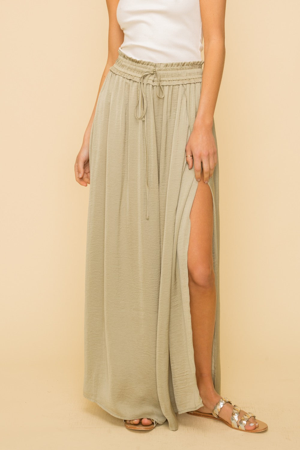 Dusty Olive Hammered Satin Split Hem Maxi Skirt