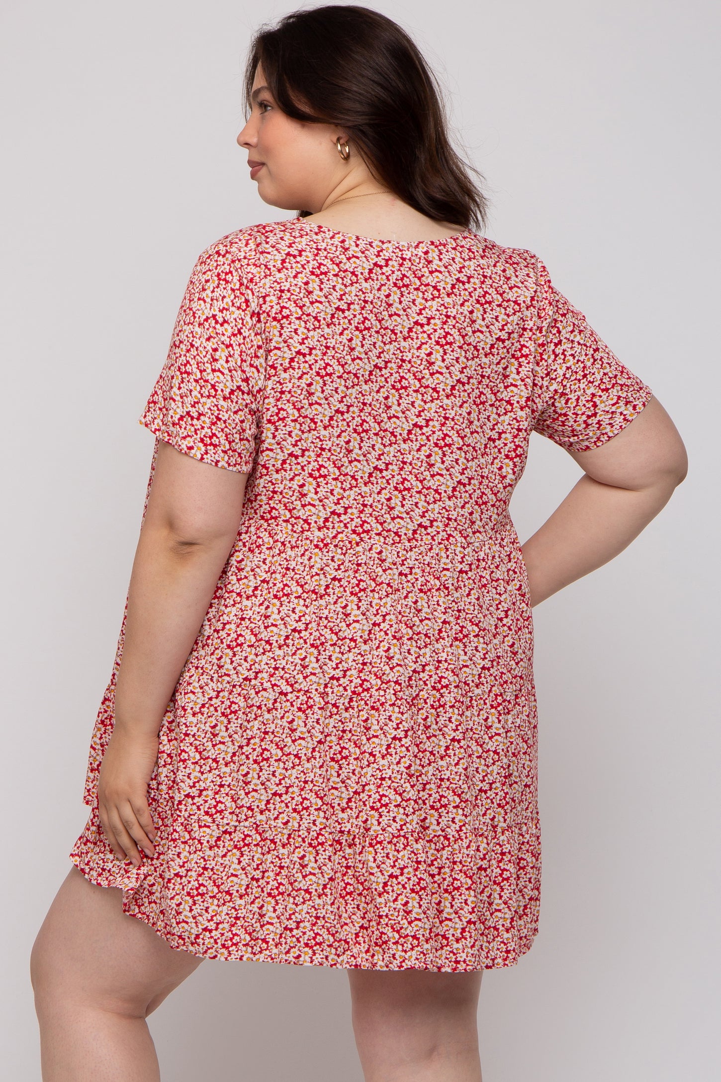 Red Floral Button Front Tiered Maternity Dress