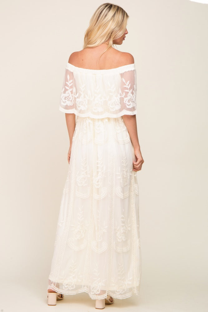 Cream Lace Mesh Overlay Off Shoulder Maxi Dress