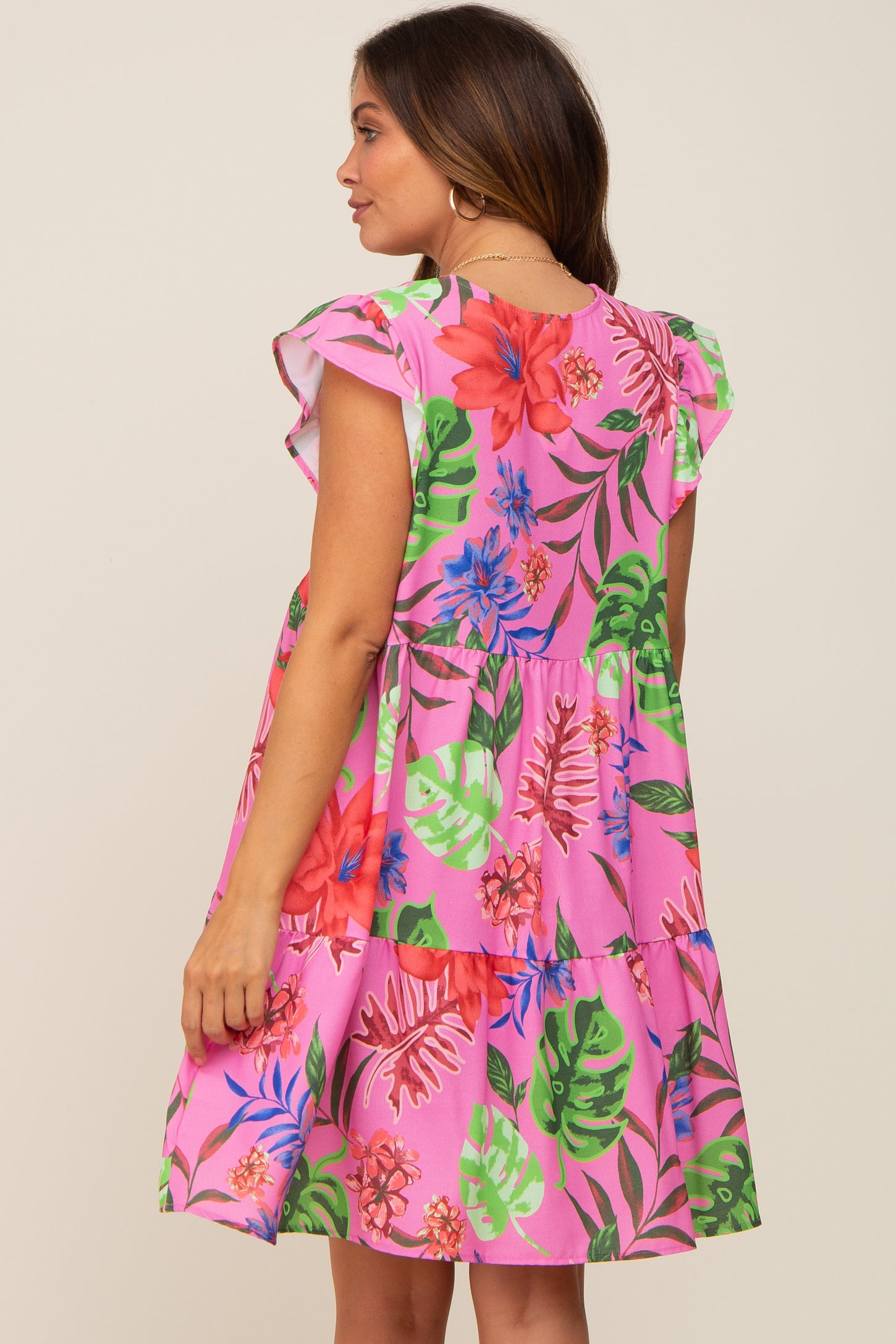 Pink Tropical Floral Print Maternity Dress