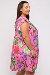 Pink Tropical Floral Print Plus Dress