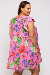 Pink Tropical Floral Print Plus Dress