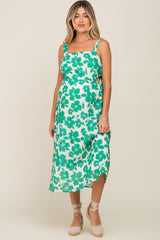 Green Floral Linen Square Neck Open Back Maternity Midi Dress