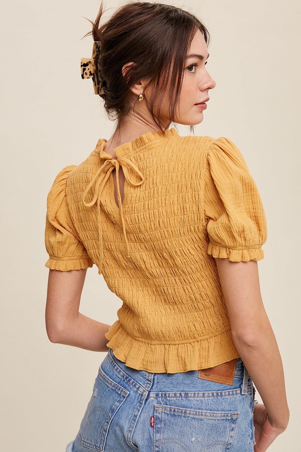 Mustard Puff Sleeve Smocked Crop Top With Back Tie