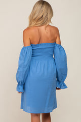 Blue Smocked Off Shoulder Long Sleeve Maternity Dress