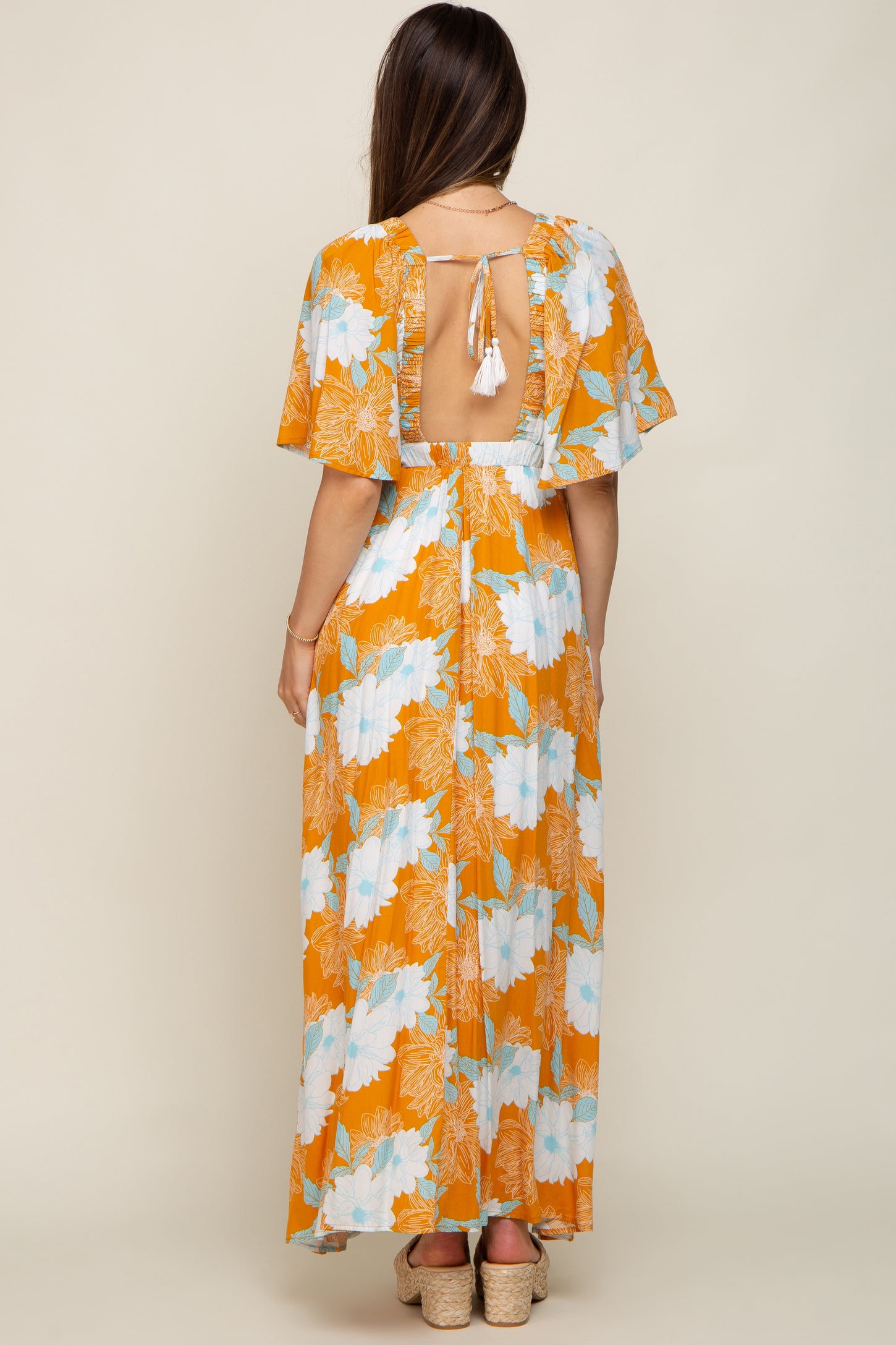 Orange Floral Deep V-Neck Maternity Maxi Dress