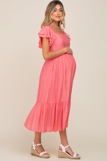 Coral Flutter Sleeve Maternity Midi Dress