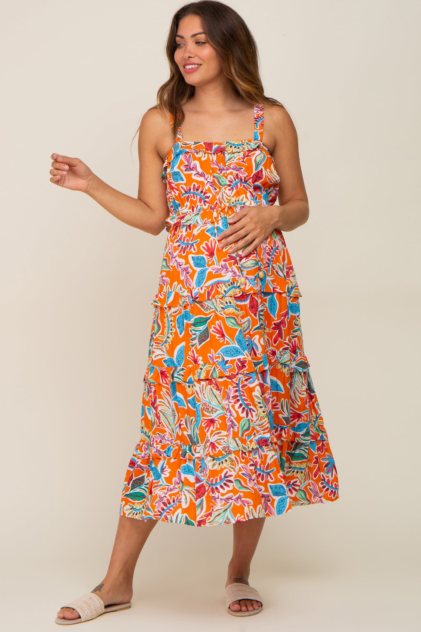 Orange Multi-Color Floral Sleeveless Tiered Maternity Midi Dress