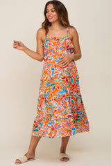 Orange Multi-Color Floral Sleeveless Tiered Maternity Midi Dress
