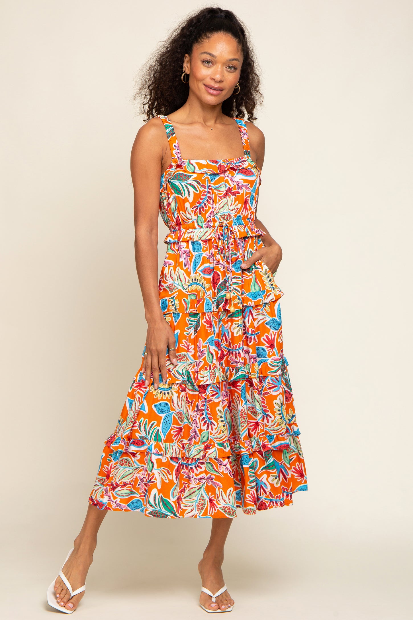 Orange Multi-Color Floral Sleeveless Tiered Maternity Midi Dress