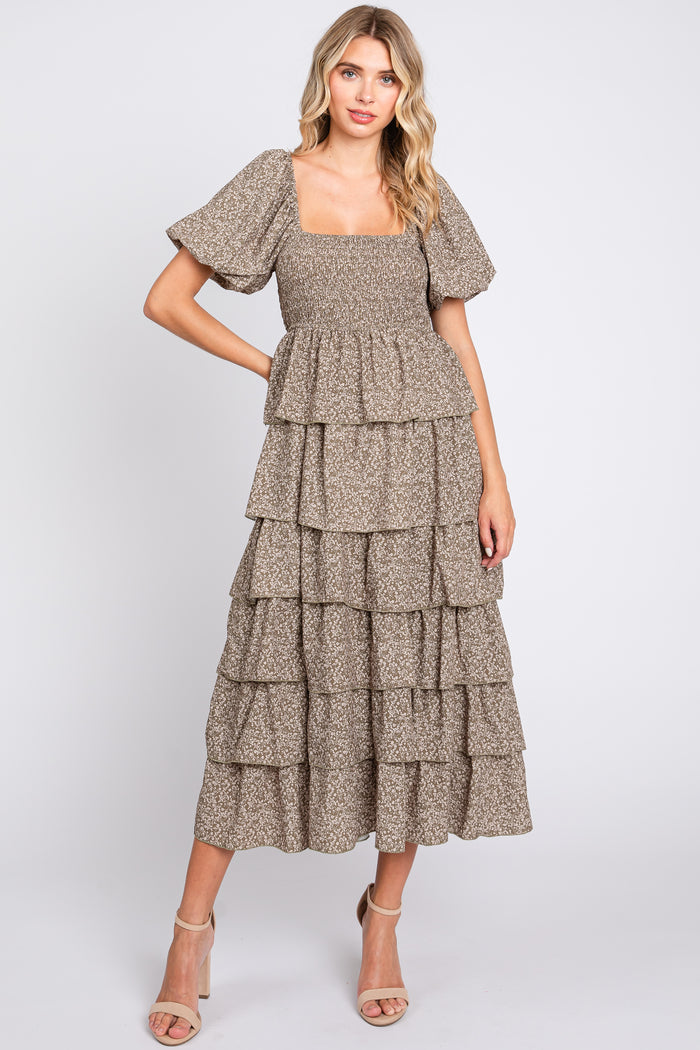 Olive Floral Flounce Tiered Maternity Midi Dress