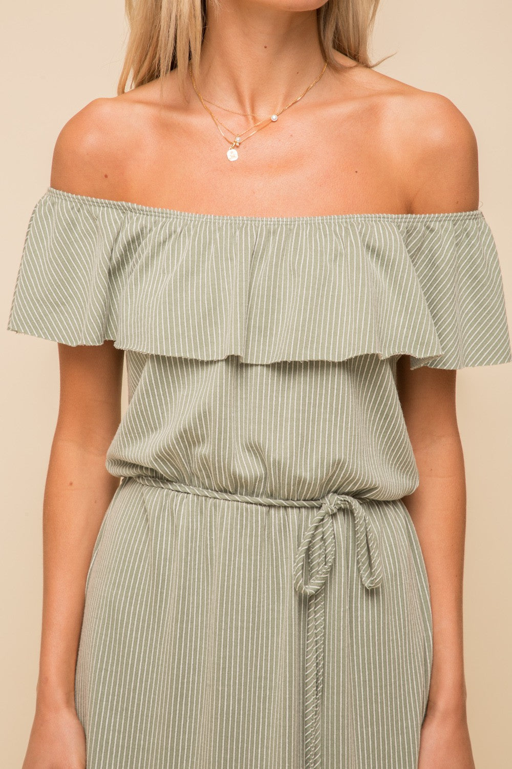 Sage Stripe Double Knit Tie Waist Midi Dress