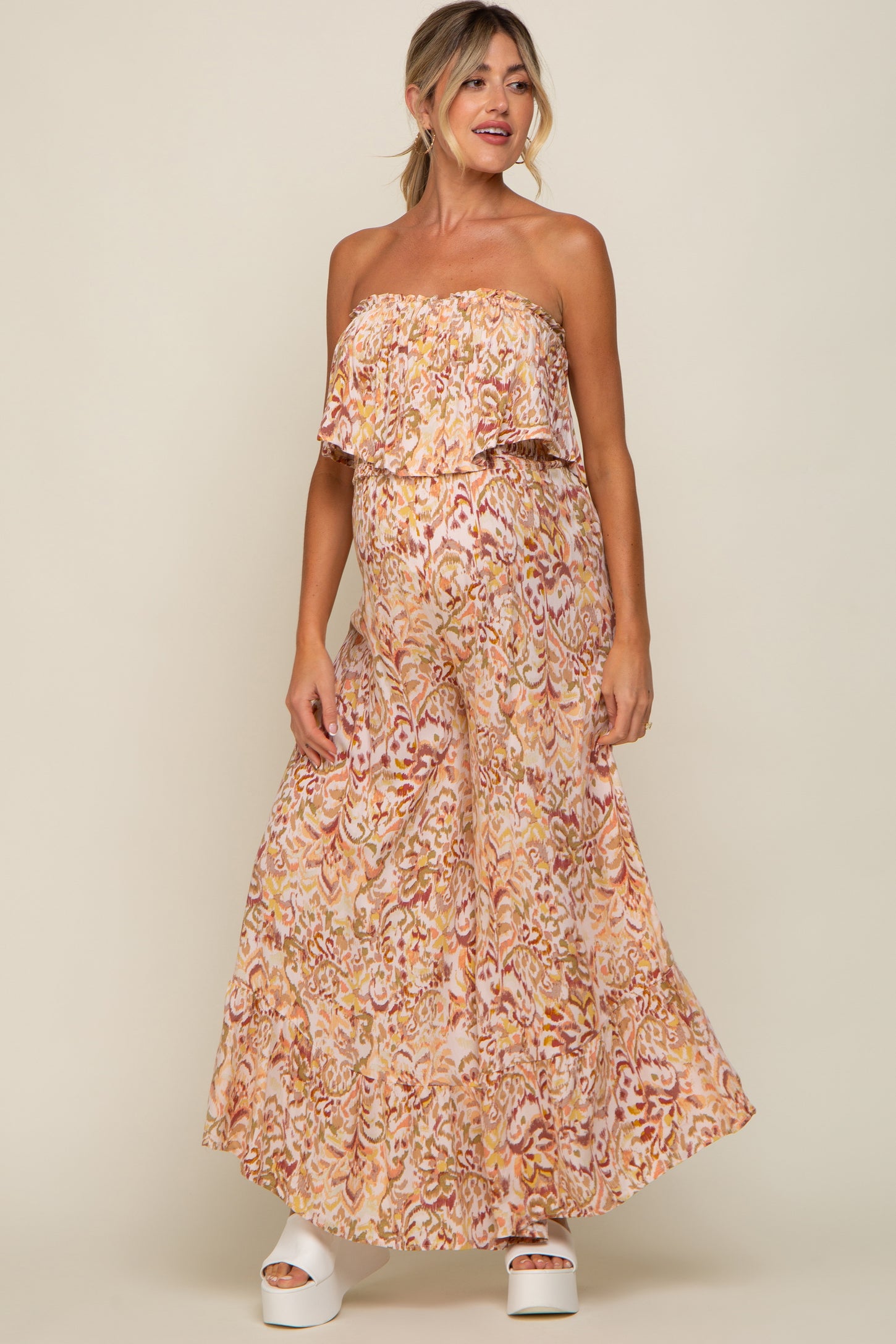 Coral Strapless Ruffle Overlay Maternity Jumpsuit