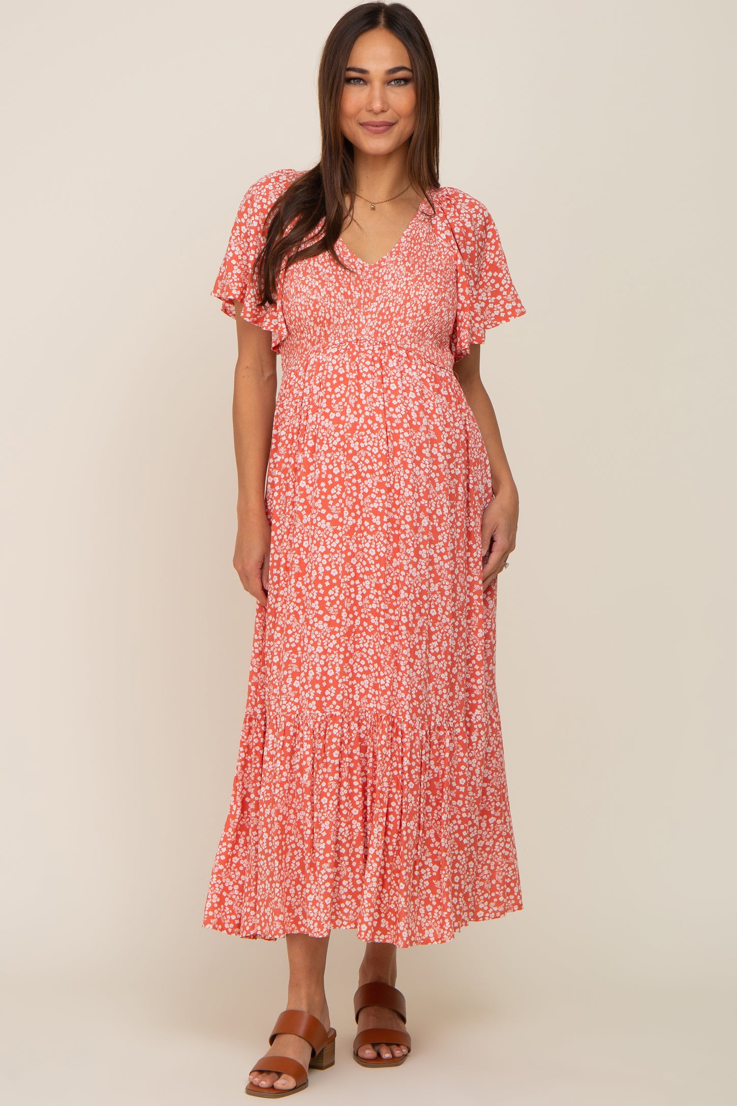 Coral Floral Smocked V-Neck Flutter Short Sleeve Maternity Midi Dress