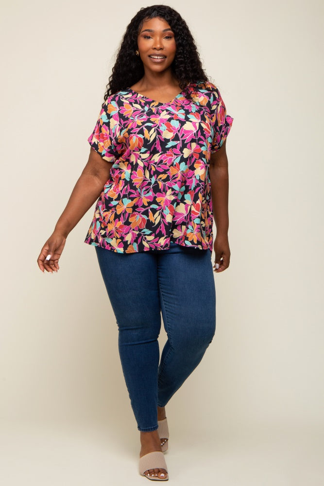 Black Floral V-Neck Short Sleeve Plus Top