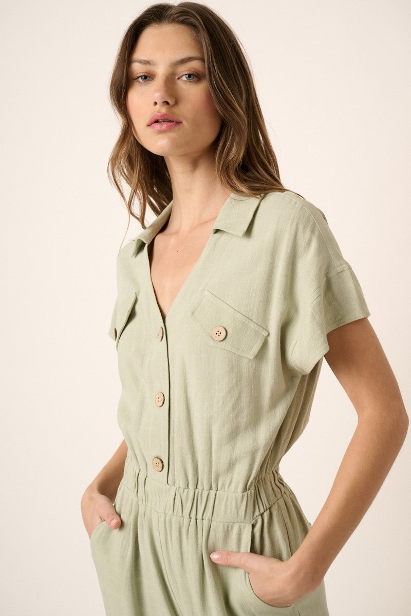 Sage Linen V Neck Jumpsuit