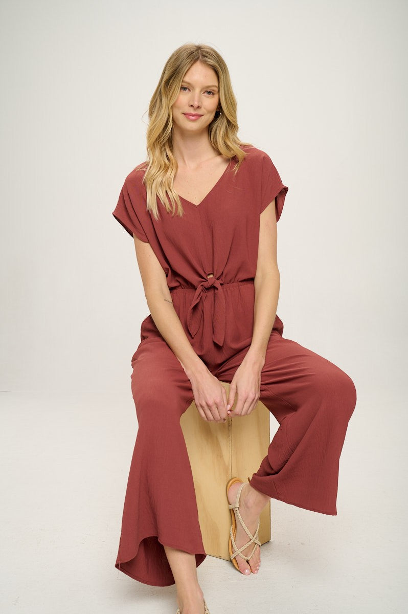 Rust Short Sleeves V Neck Front Tie Woven Jumpsuit