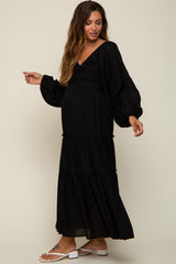 Black Ruched Front Cutout Back Tiered Maternity Maxi Dress
