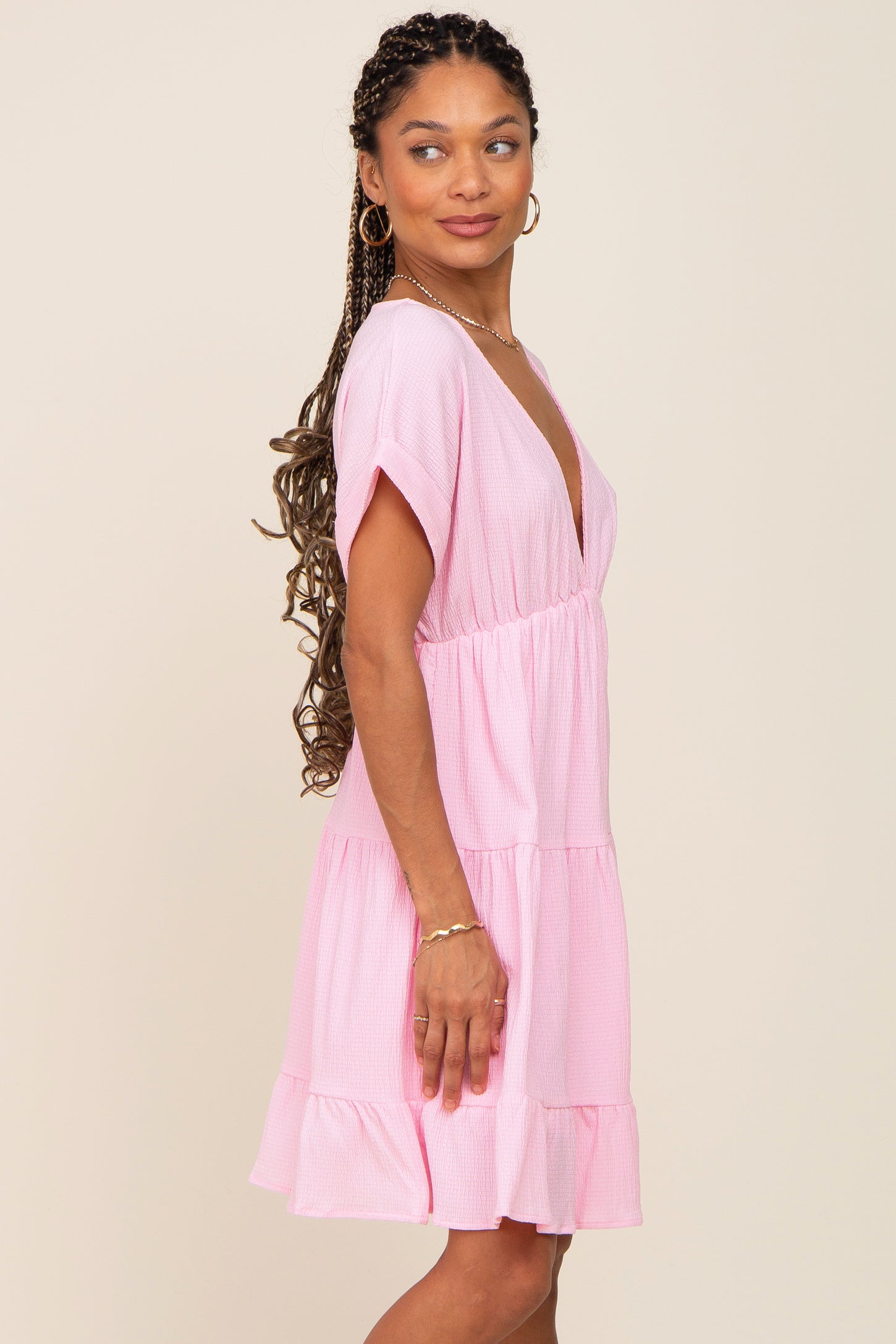 Pink V-Neck Tiered Cutout Back Dress