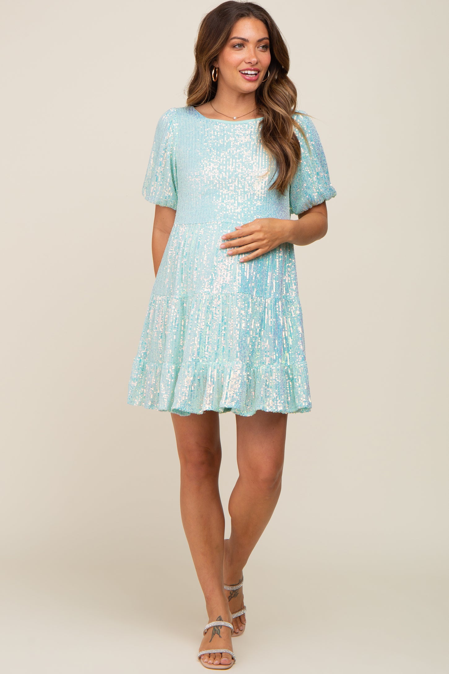 Aqua Sequin Short Sleeve Tiered Maternity Dress PinkBlush Aqua Sequin Short Sleeve Tiered Maternity Dress PinkBlush