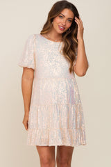 Cream Sequin Short Sleeve Tiered Maternity Dress