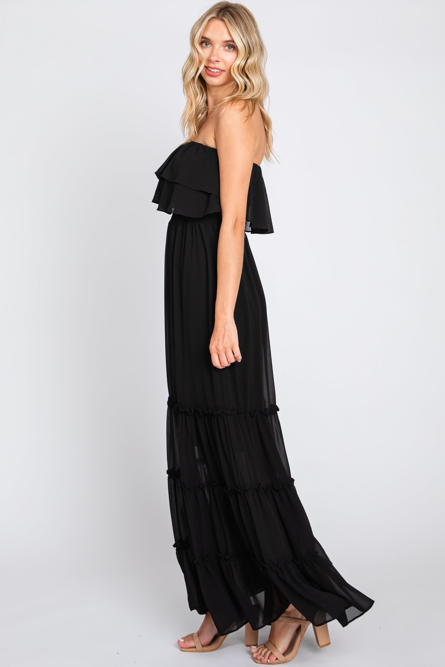 black ruffle strapless maxi dress Strapless Crystal Ruffle Asymmetric Maxi Dress Black