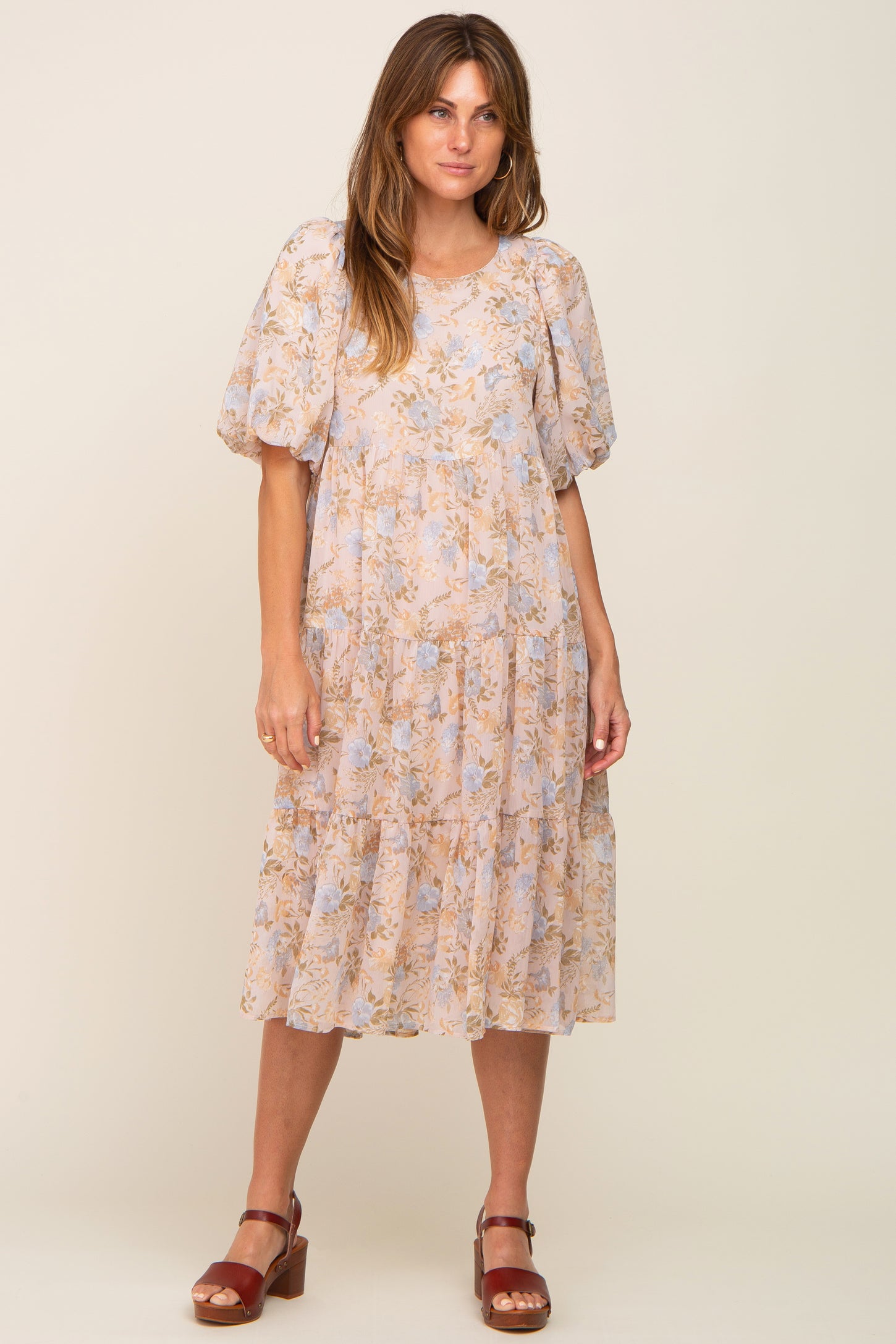 Beige Floral Chiffon Puff Short Sleeve Tiered Midi Dress