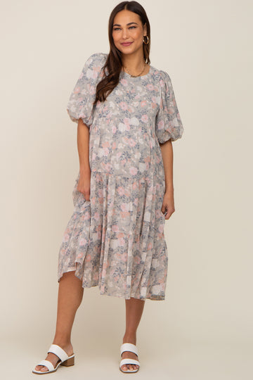 Light Olive Floral Chiffon Puff Short Sleeve Tiered Maternity Midi Dress
