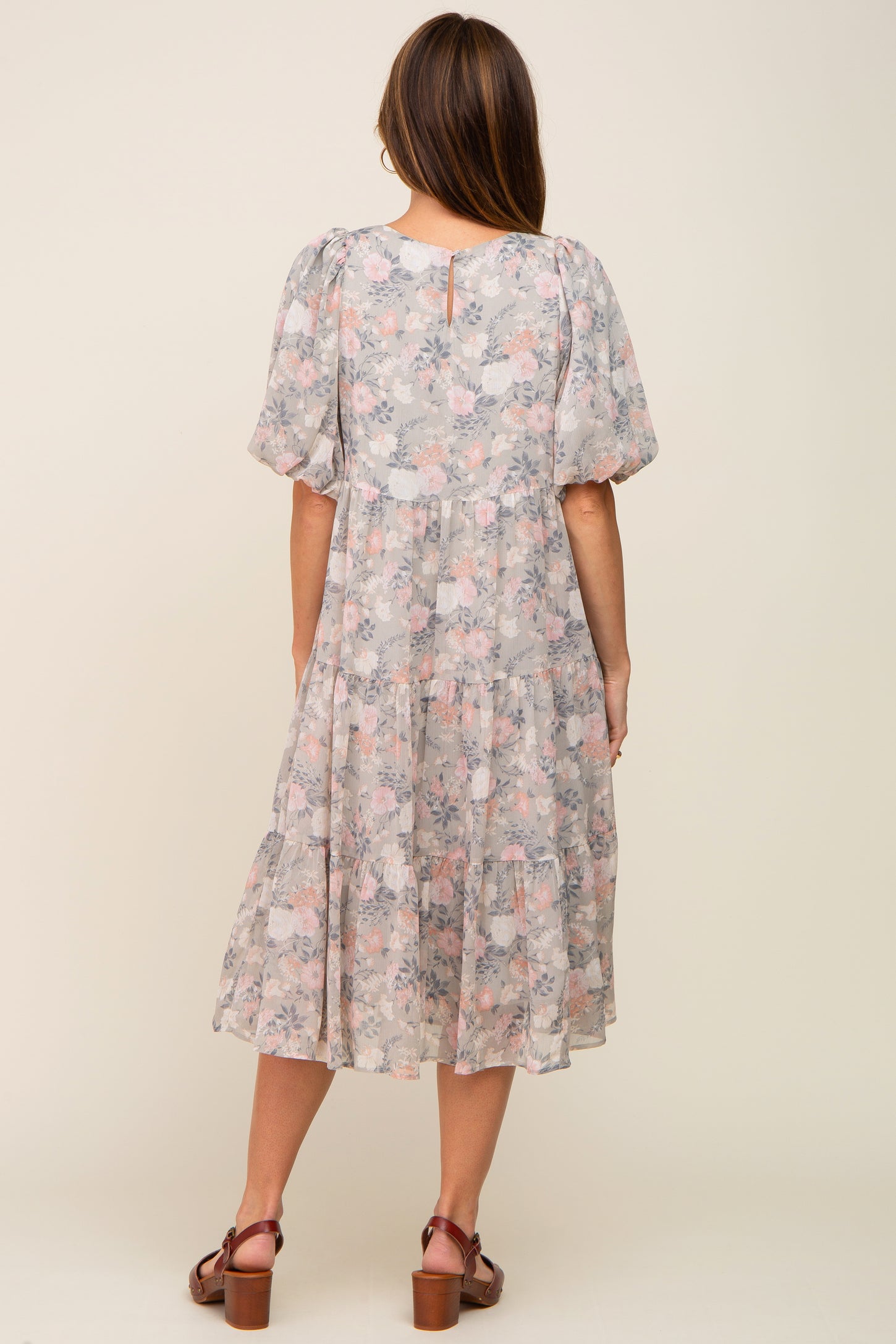 Light Olive Floral Chiffon Puff Short Sleeve Tiered Midi Dress