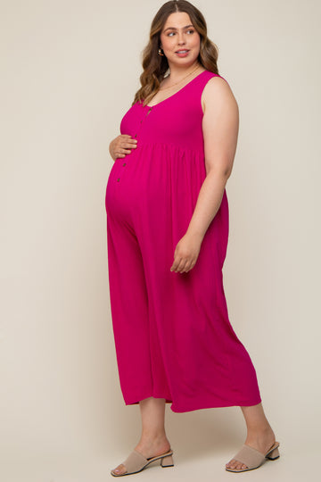 Magenta Button Front WIde Leg Maternity Plus Jumpsuit
