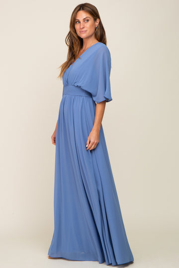 Blue Chiffon V-Neck Smocked Waist Maxi Dress
